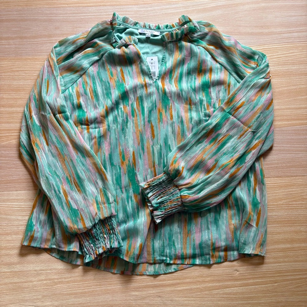 Parker & Rowe Blouse NWT Teal/Mint/Coral Ruffle V-Neck Sz XL Poet Long Sleeve